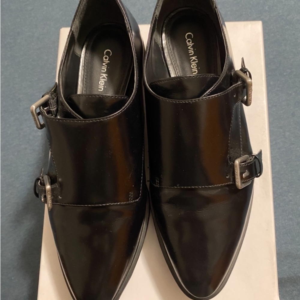 Calvin Klein Women’s Glossy Black Double Monk Strap Oxfords